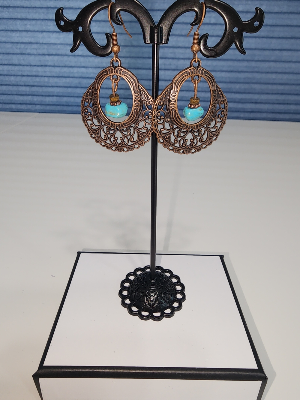 Turquoise Like Bead Copper Filigree Dangle Earrings